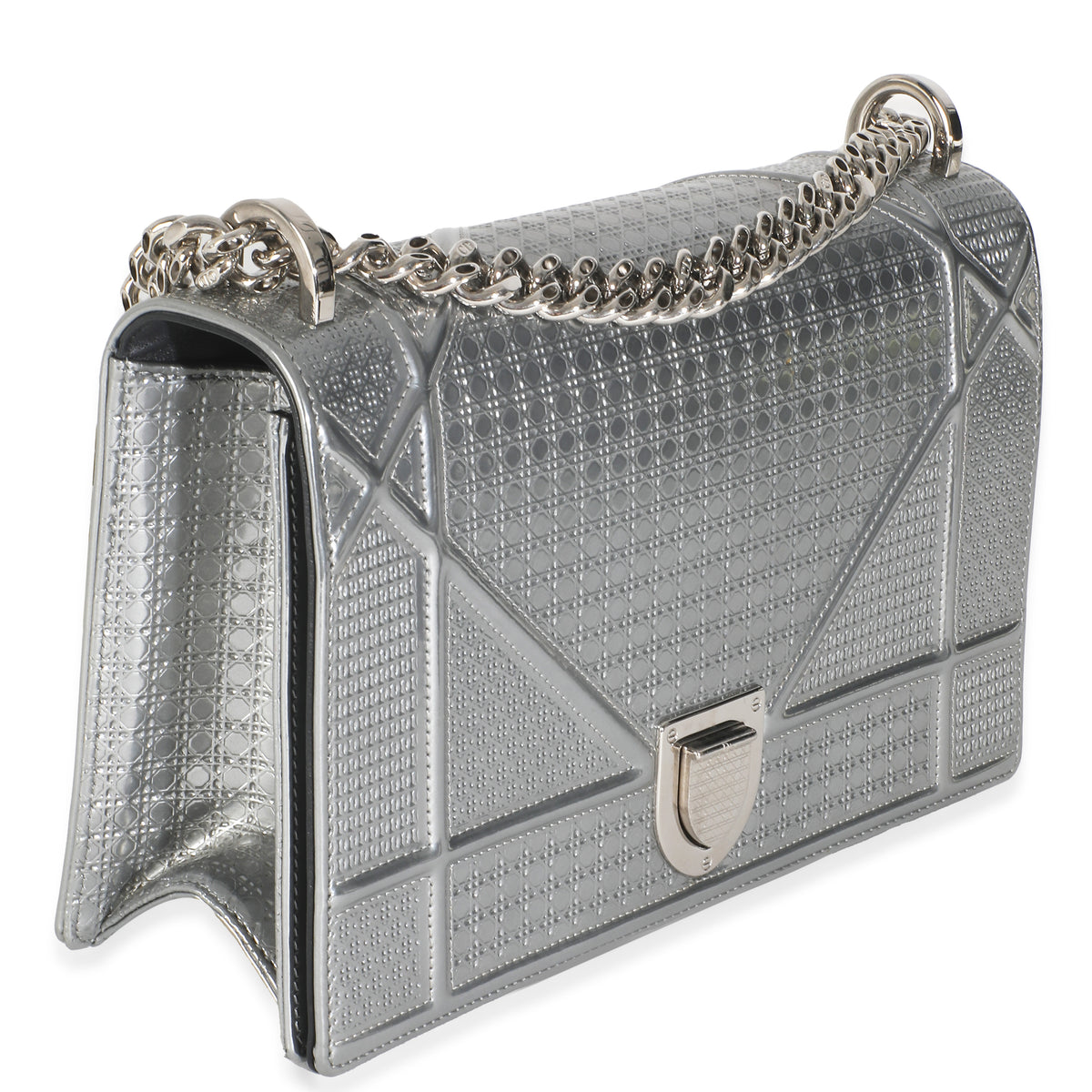 Silver Metallic Micro Cannage Patent Medium Diorama Flap Bag