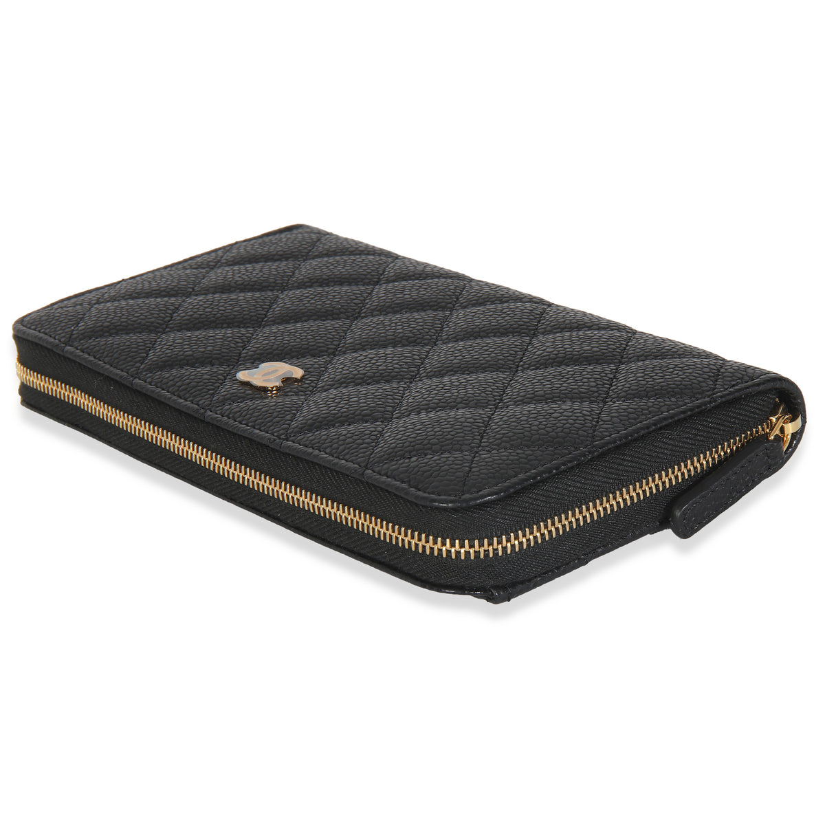 Black Quilted Caviar Zip Around L-Gusset Wallet