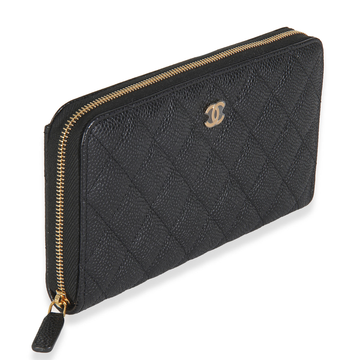 Black Quilted Caviar Zip Around L-Gusset Wallet