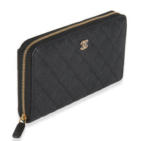 Black Quilted Caviar Zip Around L-Gusset Wallet