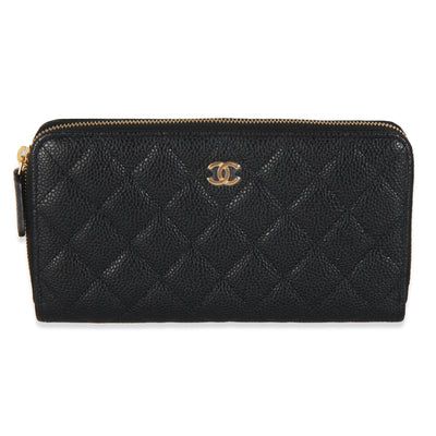 Black Quilted Caviar Zip Around L-Gusset Wallet