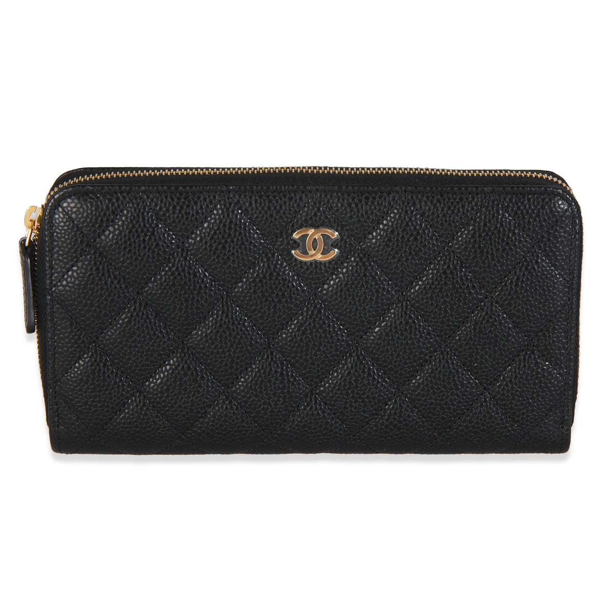 Black Quilted Caviar Zip Around L-Gusset Wallet