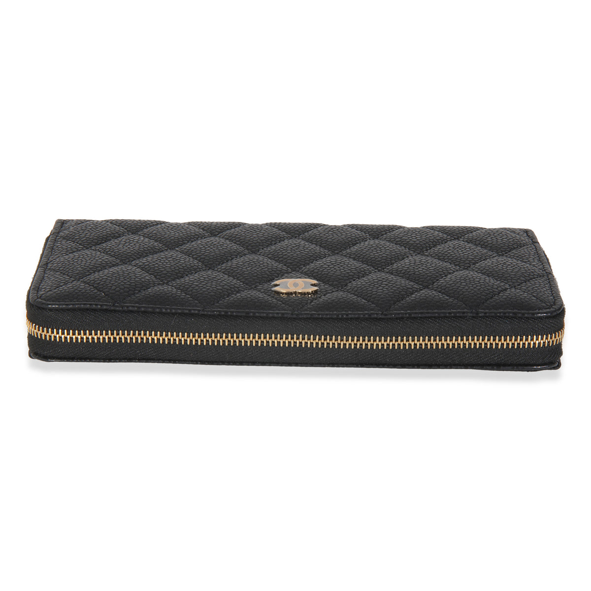Black Quilted Caviar Zip Around L-Gusset Wallet