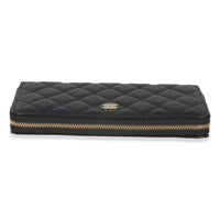 Black Quilted Caviar Zip Around L-Gusset Wallet
