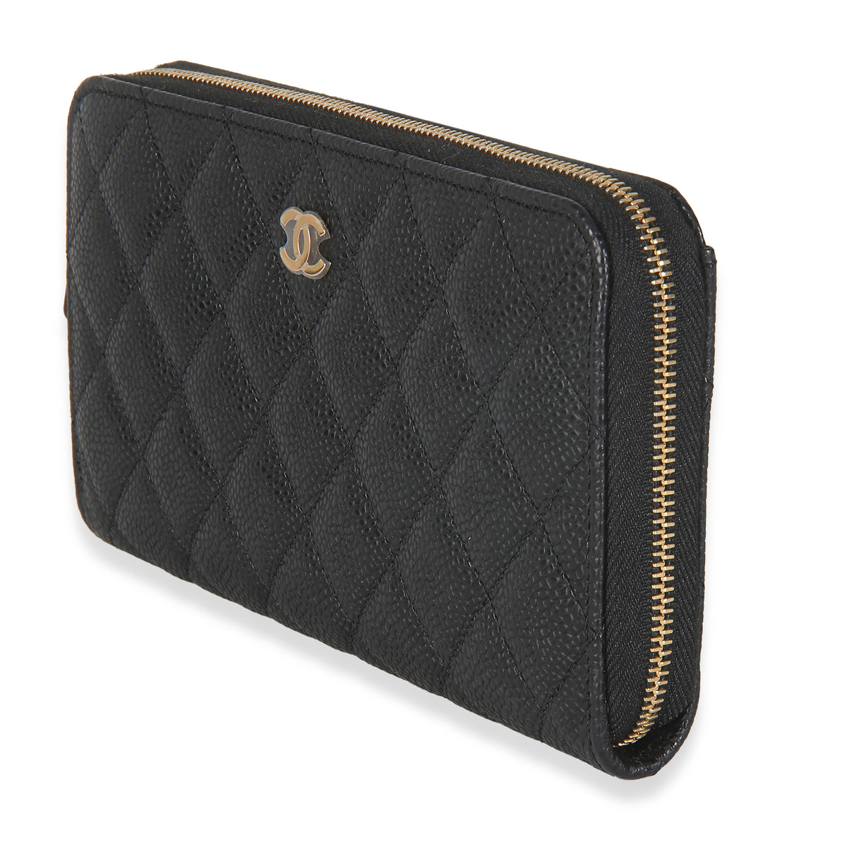 Black Quilted Caviar Zip Around L-Gusset Wallet