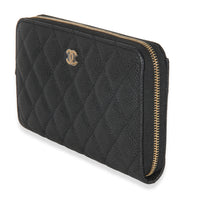 Black Quilted Caviar Zip Around L-Gusset Wallet
