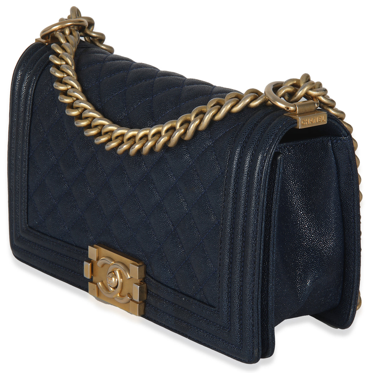 Navy Quilted Caviar Medium Boy Handbag