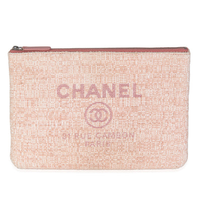 Pink Woven Straw Raffia Tweed Deauville Pouch