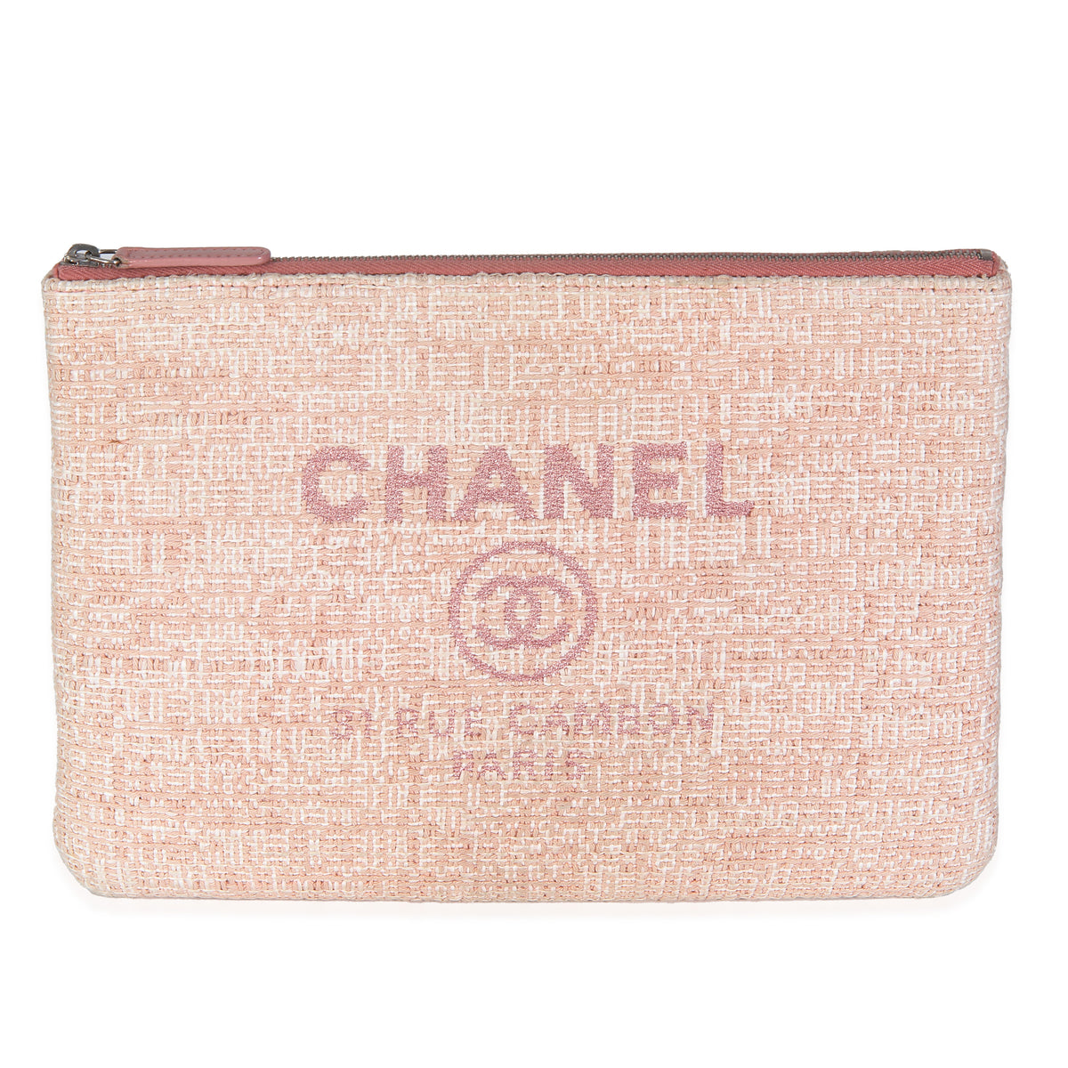Pink Woven Straw Raffia Tweed Deauville Pouch