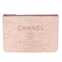 Pink Woven Straw Raffia Tweed Deauville Pouch