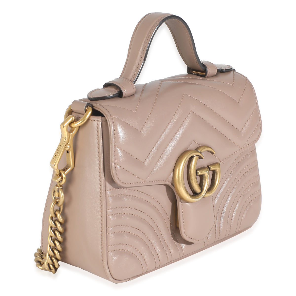 Dark Beige Chevron Matelasse Calfskin Mini GG Marmont Top Handle Bag