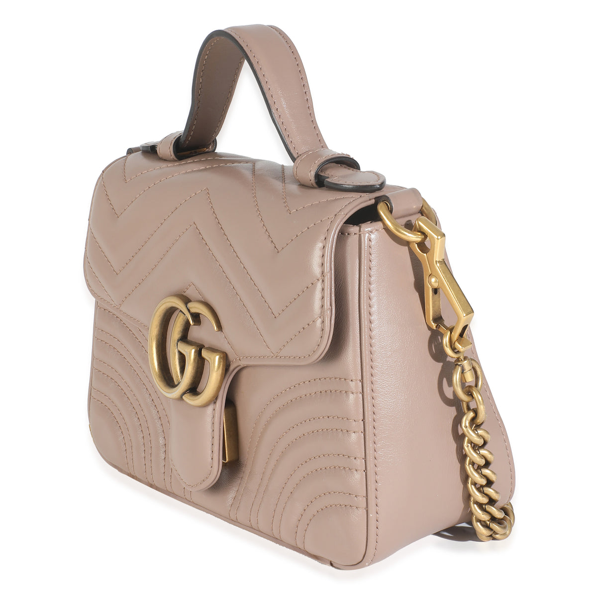 Dark Beige Chevron Matelasse Calfskin Mini GG Marmont Top Handle Bag