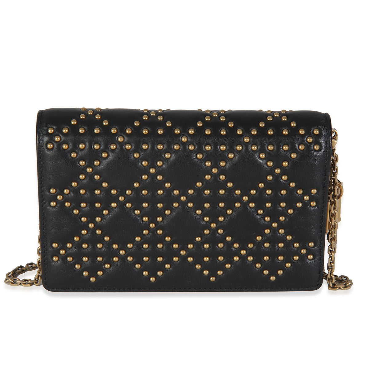 Christian Dior Black Studded Lady Dior Wallet On Chain Handbag fv