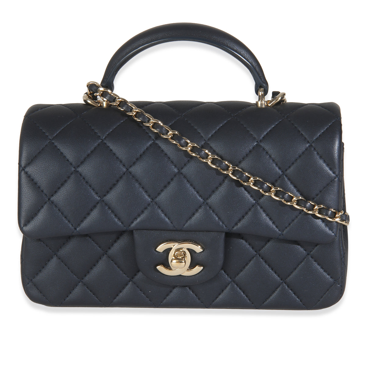 Navy Quilted Lambskin Mini Rectangular Top Handle