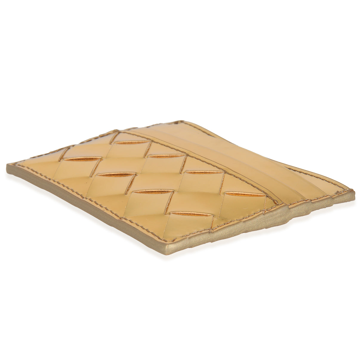 Gold Metallic Intrecciato Leather Credit Card Case