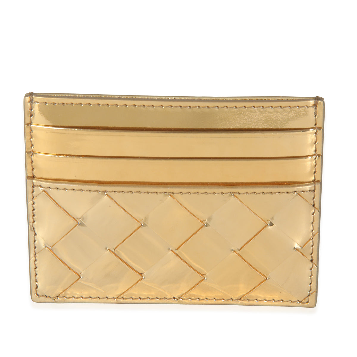 Gold Metallic Intrecciato Leather Credit Card Case