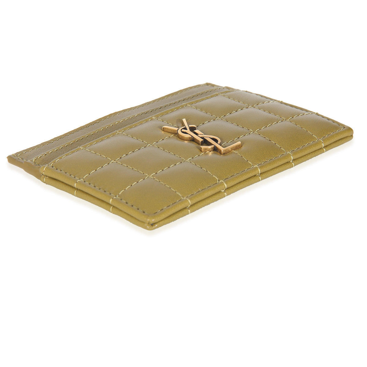 Saint Laurent Olive Drab Quilted Lambskin Cassandre Credit Card Case Wallet clasp