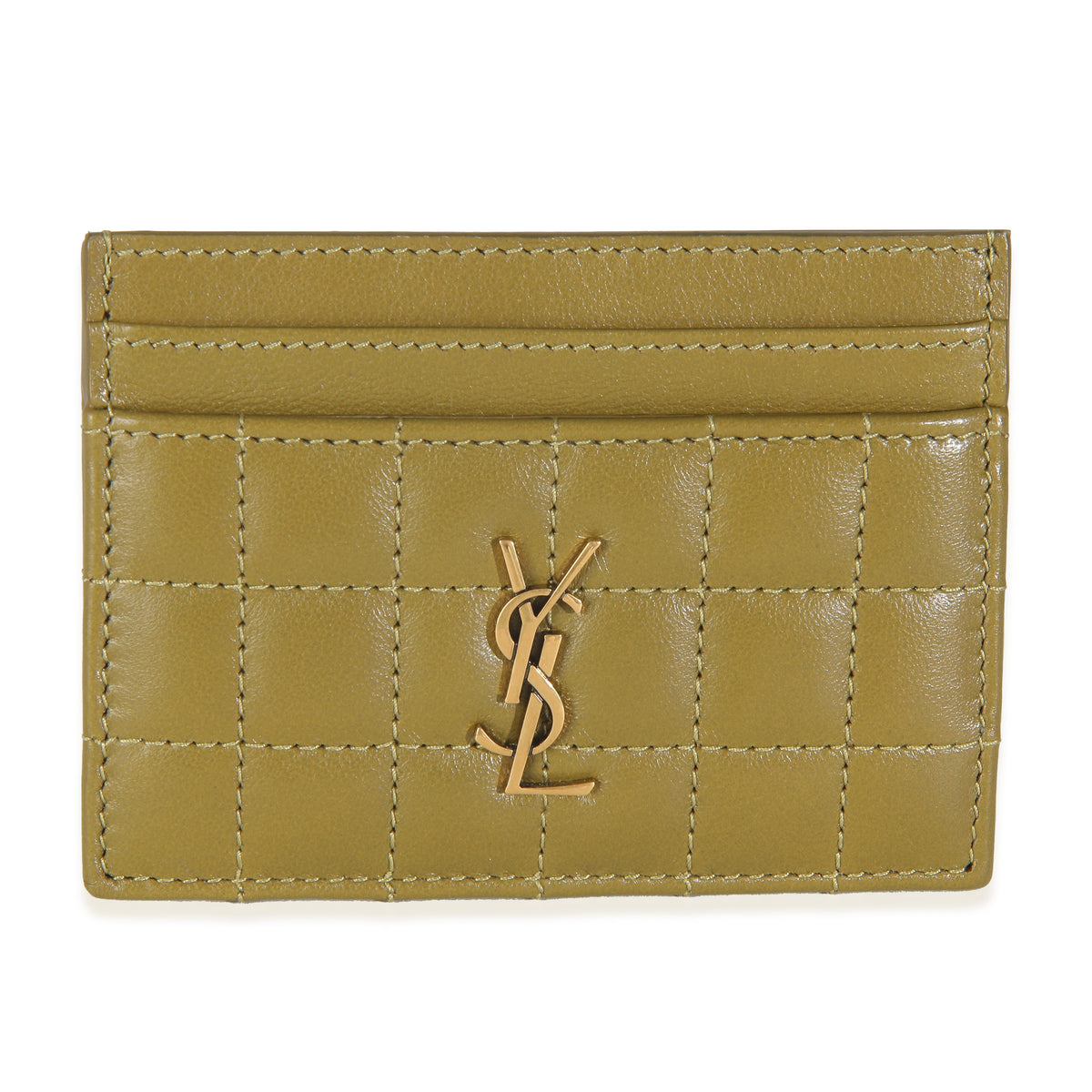 Saint Laurent Olive Drab Quilted Lambskin Cassandre Credit Card Case Wallet fv