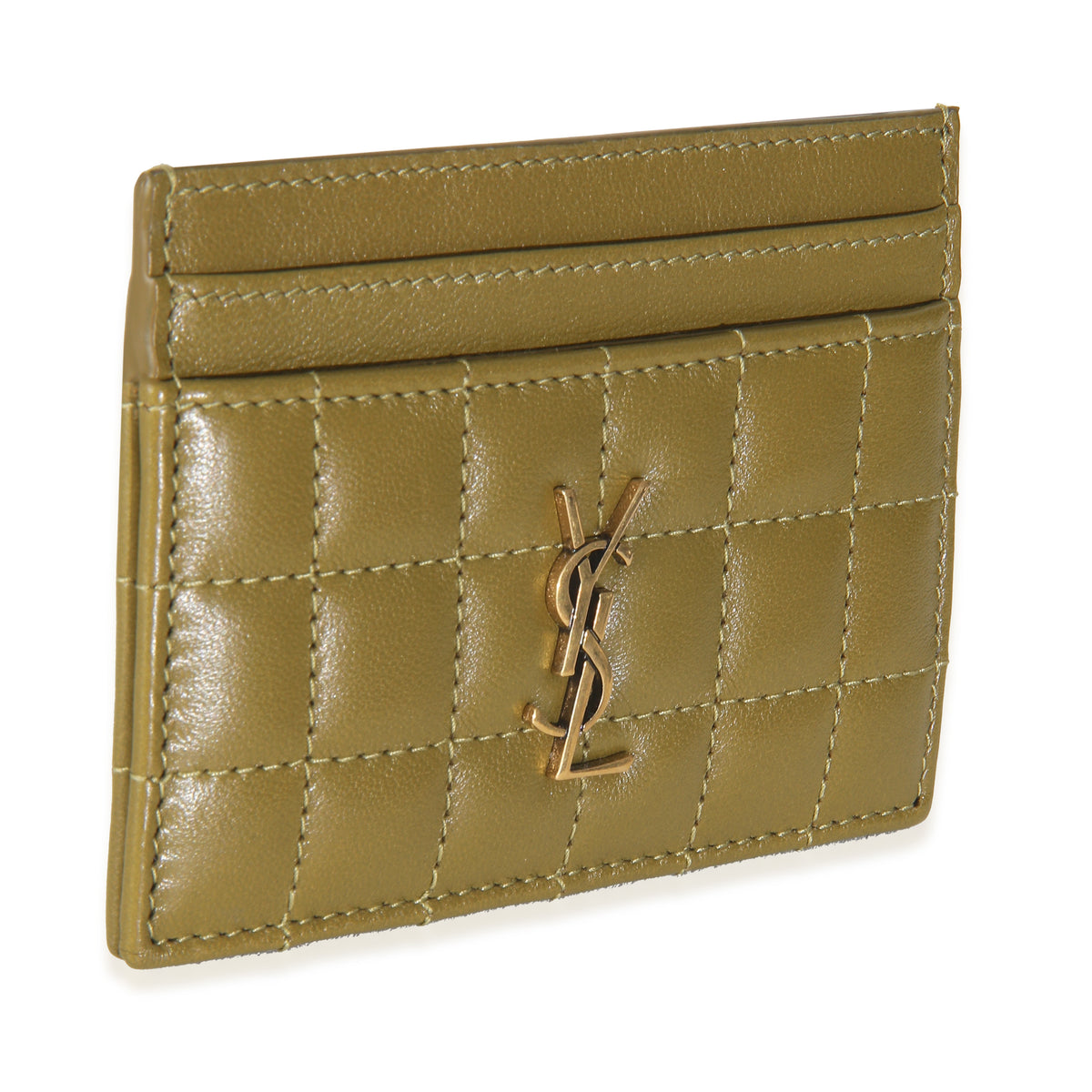 Saint Laurent Olive Drab Quilted Lambskin Cassandre Credit Card Case Wallet pv