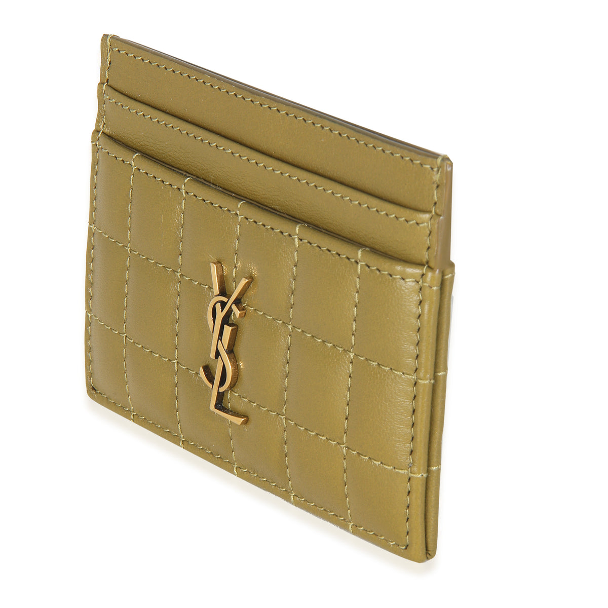Saint Laurent Olive Drab Quilted Lambskin Cassandre Credit Card Case Wallet sv