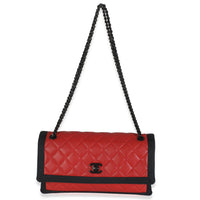 Vintage Black Red Quilted Lambskin Two Tone Flap Bag