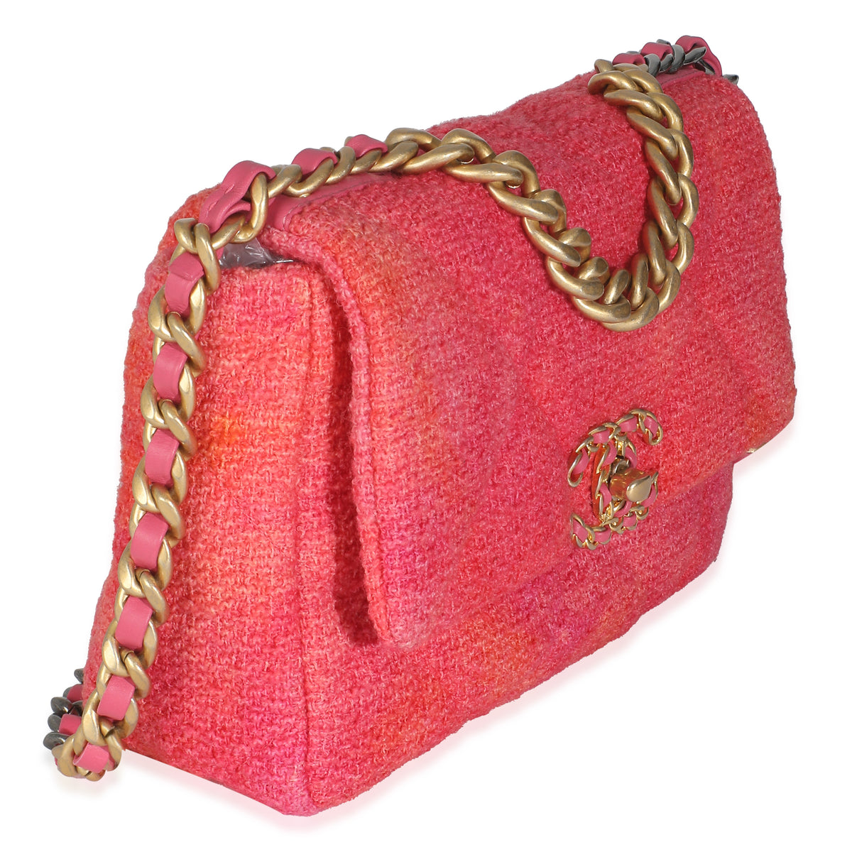 Chanel Coral Pink Tweed Quilted Medium  19 Flap Bag Handbag bv