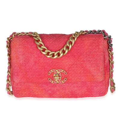 Chanel Coral Pink Tweed Quilted Medium  19 Flap Bag Handbag fv