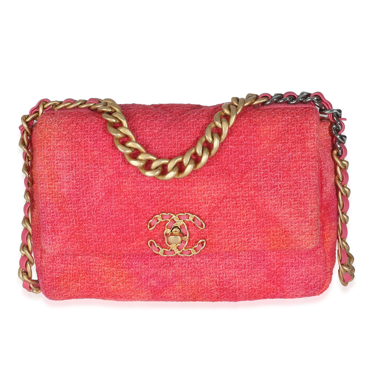 Chanel Coral Pink Tweed Quilted Medium  19 Flap Bag Handbag fv