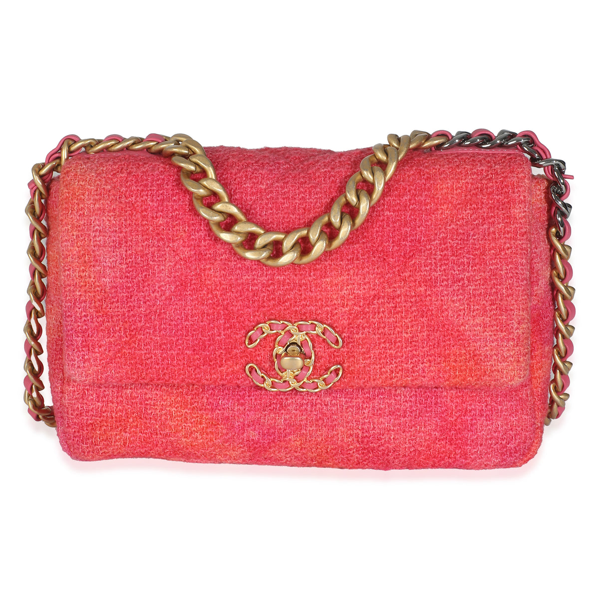 Chanel Coral Pink Tweed Quilted Medium  19 Flap Bag Handbag pv