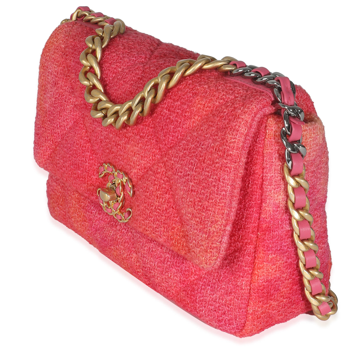 Chanel Coral Pink Tweed Quilted Medium  19 Flap Bag Handbag sv