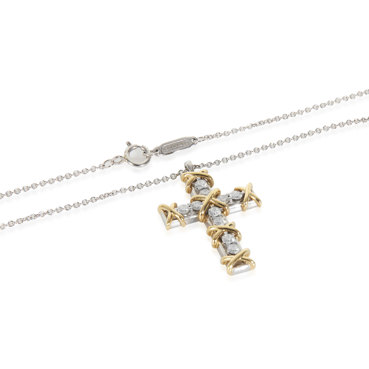 Yellow Gold & Platinum Diamond Schlumberger 16 Stone Cross Pendant