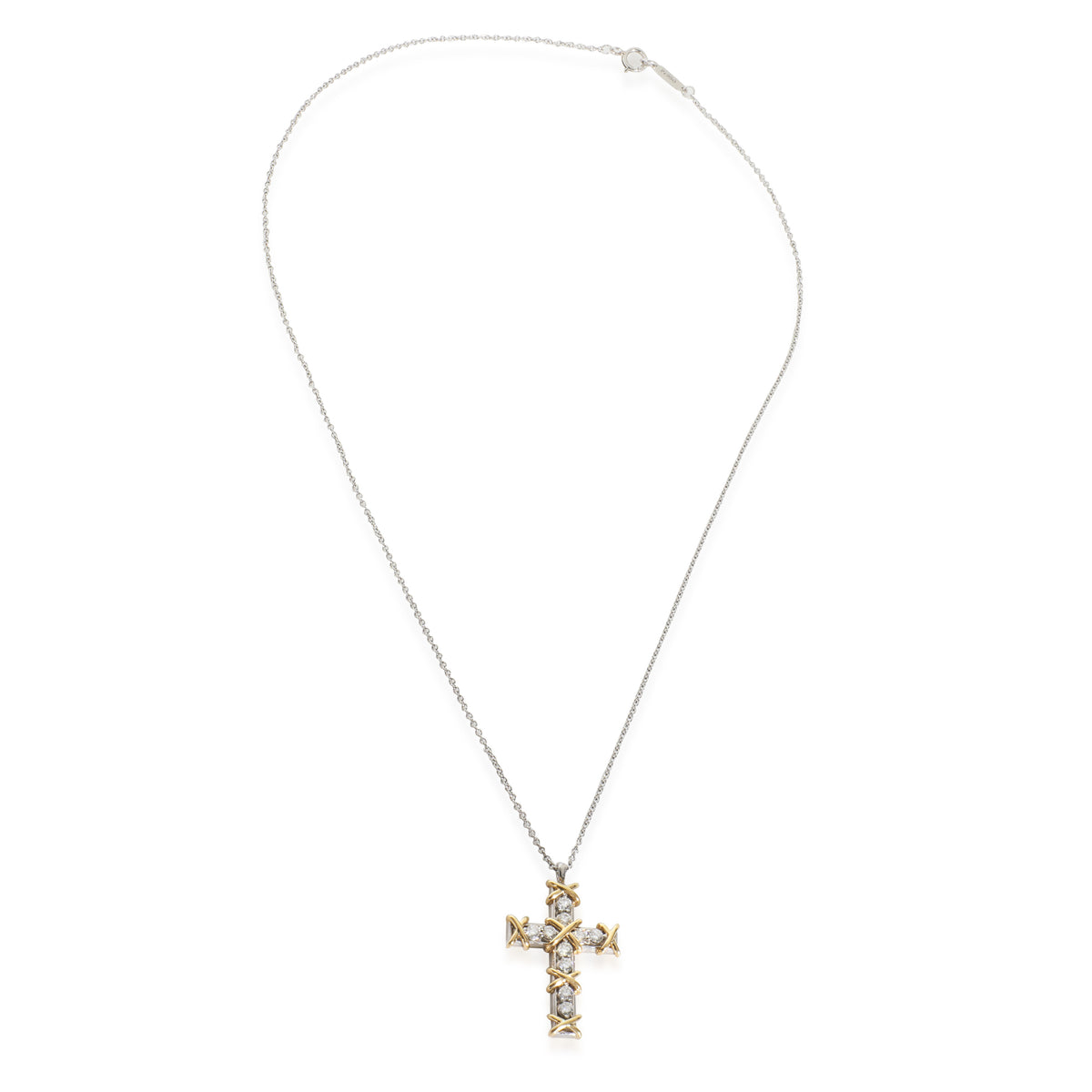 Yellow Gold & Platinum Diamond Schlumberger 16 Stone Cross Pendant