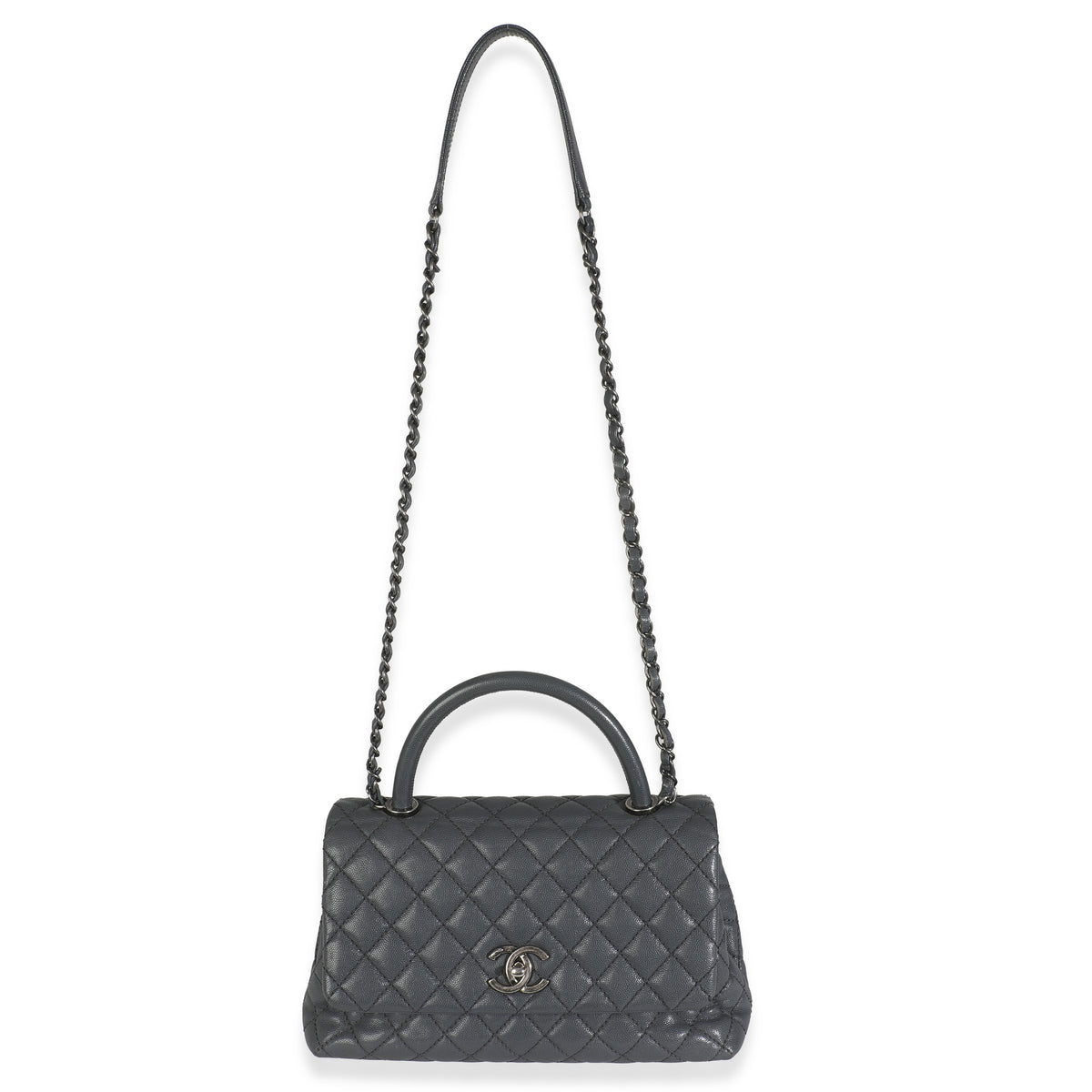 Grey Quilted Caviar Coco Top Handle Handbag