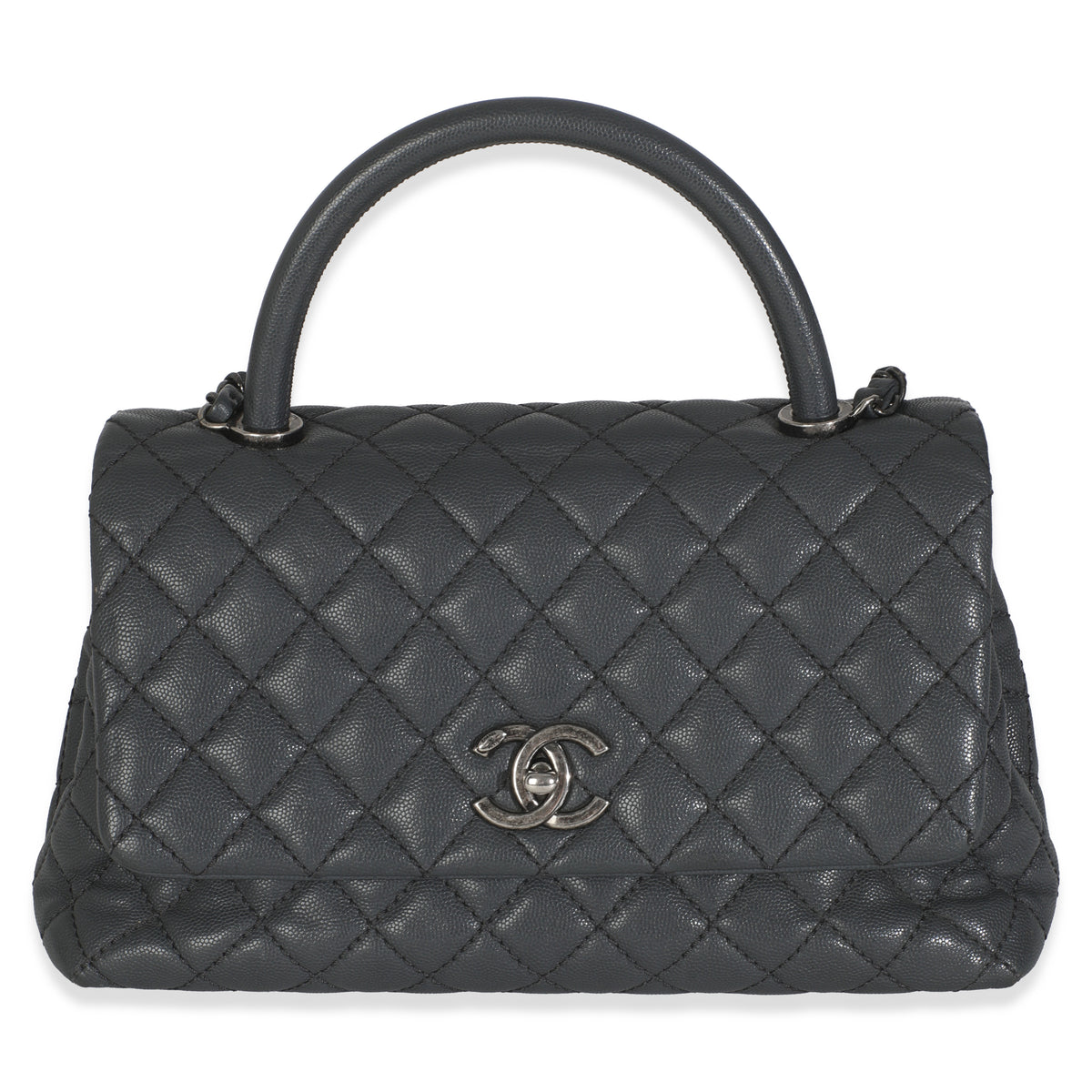 Grey Quilted Caviar Coco Top Handle Handbag