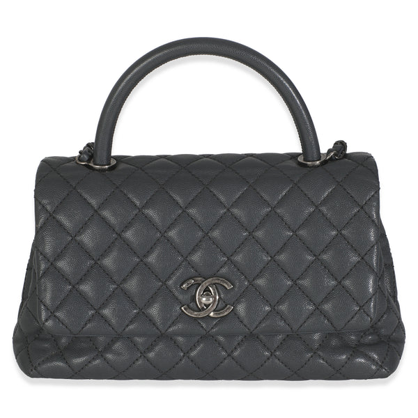 Grey Quilted Caviar Coco Top Handle Handbag