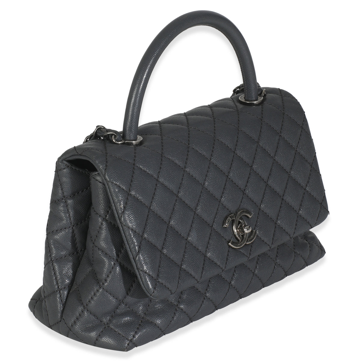 Grey Quilted Caviar Coco Top Handle Handbag
