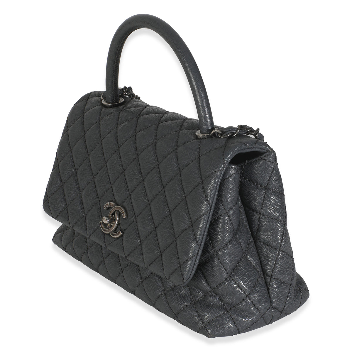Grey Quilted Caviar Coco Top Handle Handbag