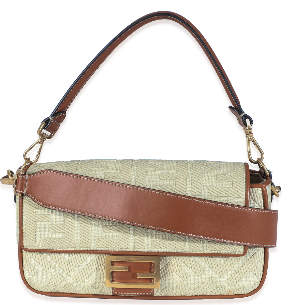 Beige Canvas Vitello King Bi-Color Strap FF Embroidered Baguette Bag