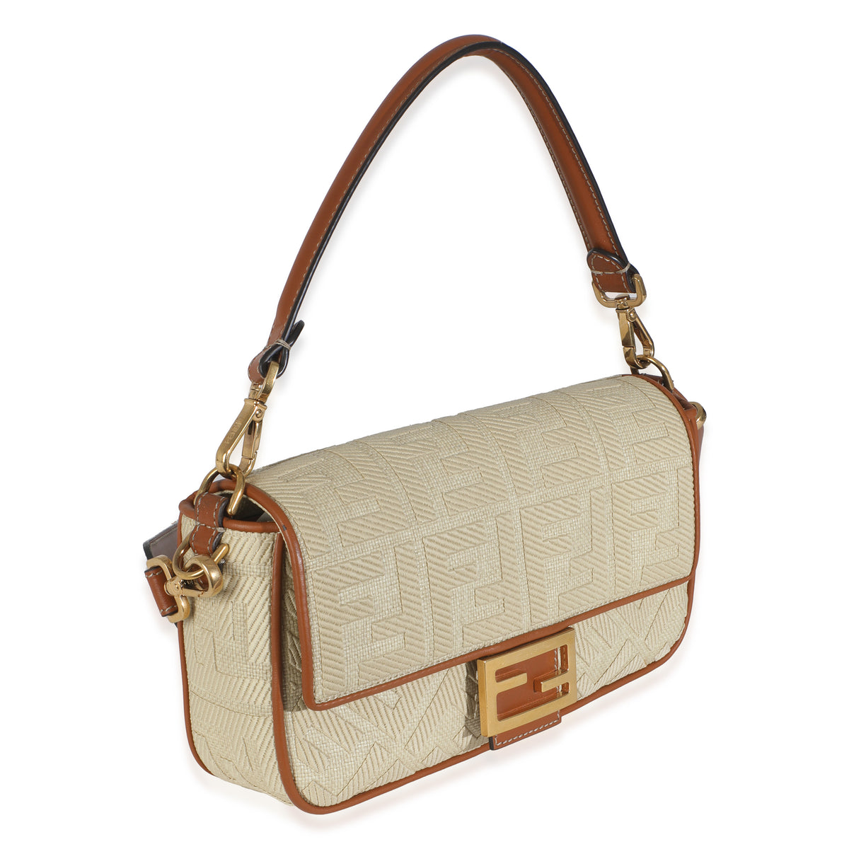 Beige Canvas Vitello King Bi-Color Strap FF Embroidered Baguette Bag
