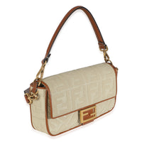 Beige Canvas Vitello King Bi-Color Strap FF Embroidered Baguette Bag