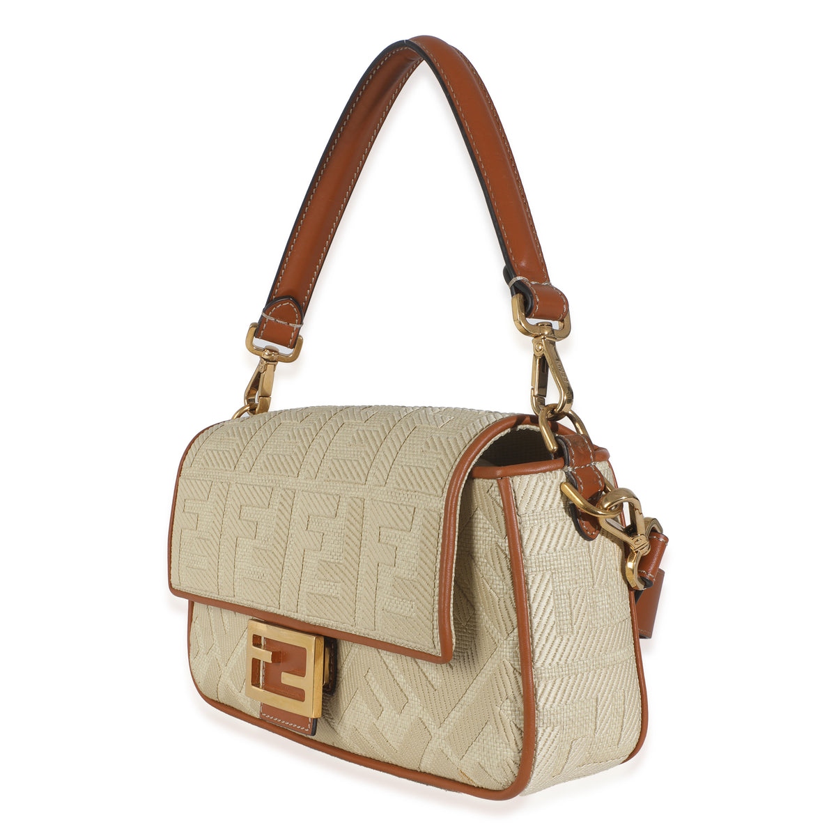 Beige Canvas Vitello King Bi-Color Strap FF Embroidered Baguette Bag