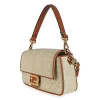 Beige Canvas Vitello King Bi-Color Strap FF Embroidered Baguette Bag