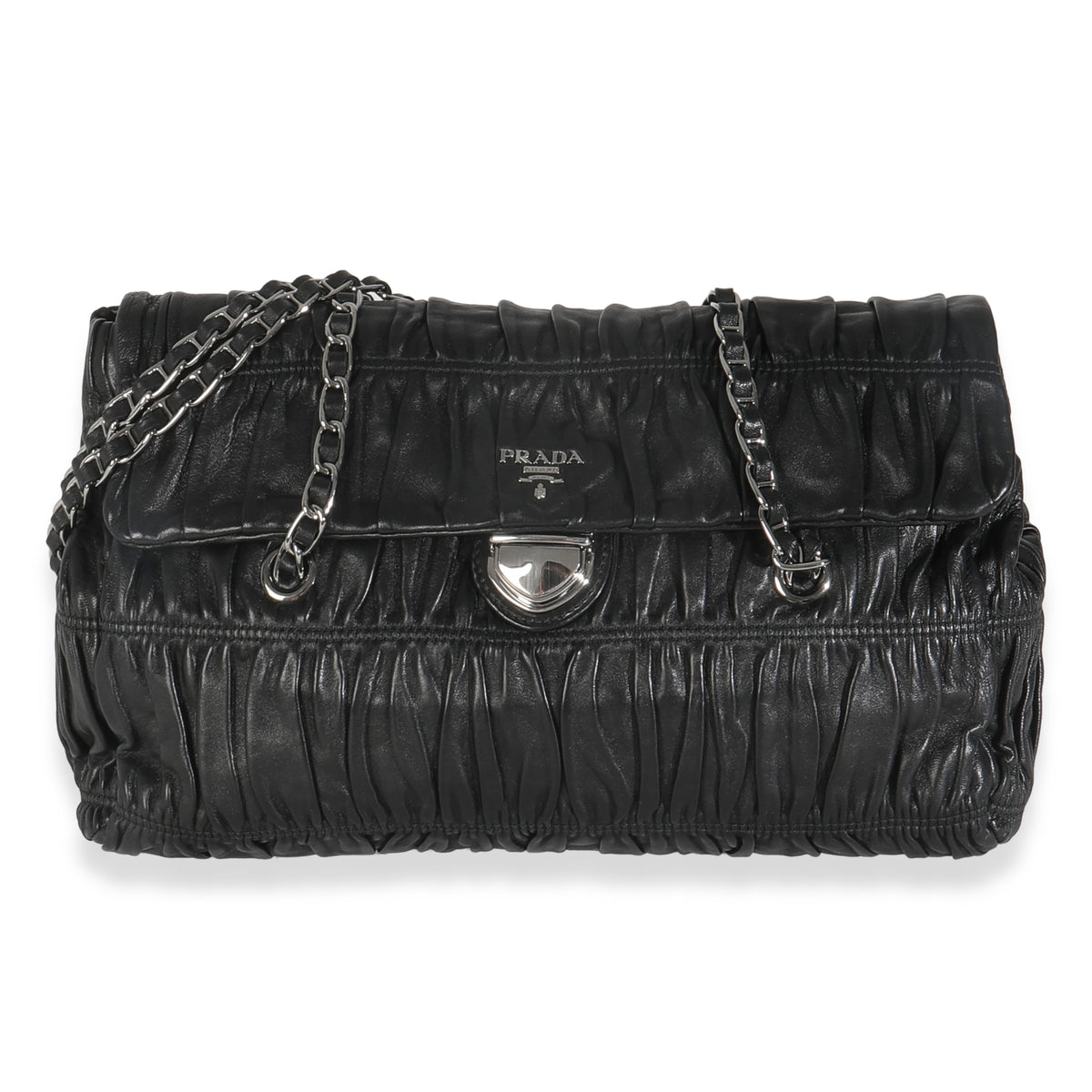 Black Ruched Nappa Chain Flap Bag