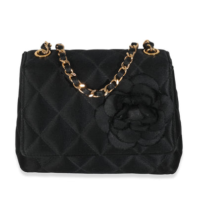 Vintage Black Quilted Satin Camellia Extra Mini Flap Bag