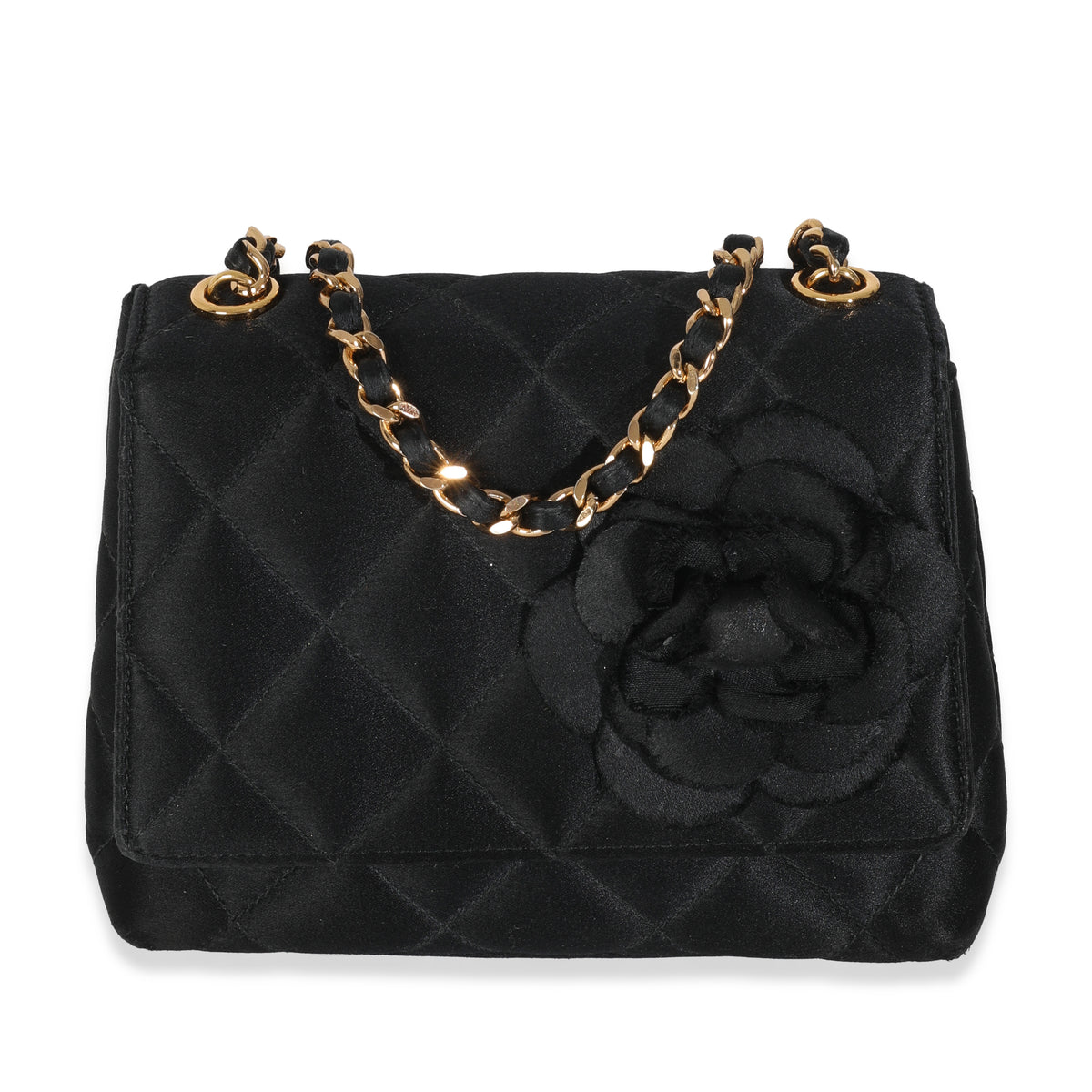 Vintage Black Quilted Satin Camellia Extra Mini Flap Bag