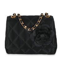 Vintage Black Quilted Satin Camellia Extra Mini Flap Bag