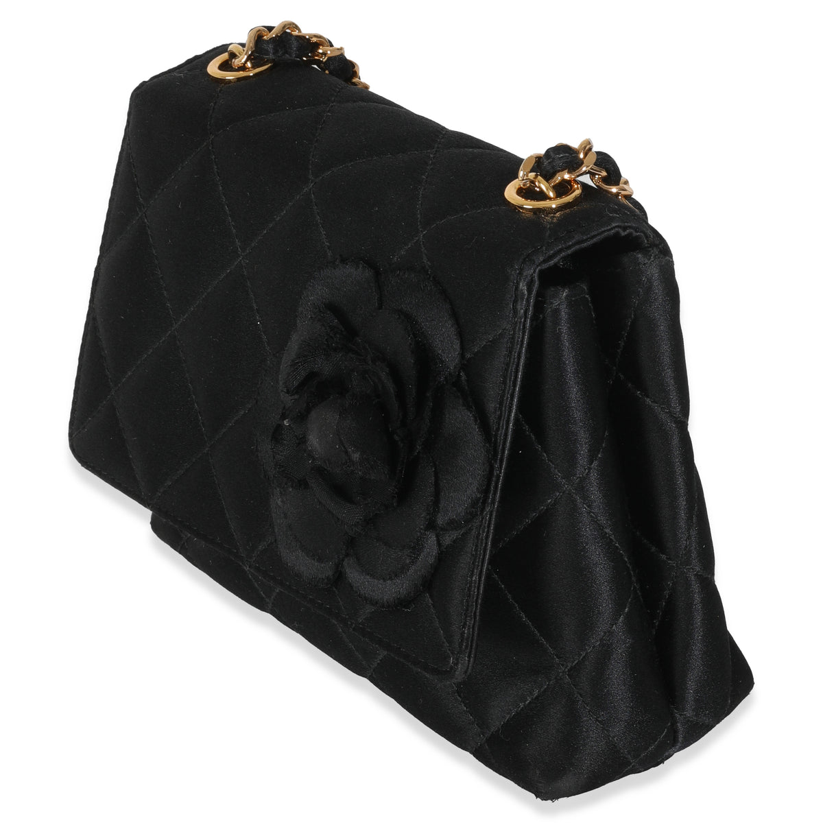 Vintage Black Quilted Satin Camellia Extra Mini Flap Bag