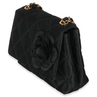 Vintage Black Quilted Satin Camellia Extra Mini Flap Bag