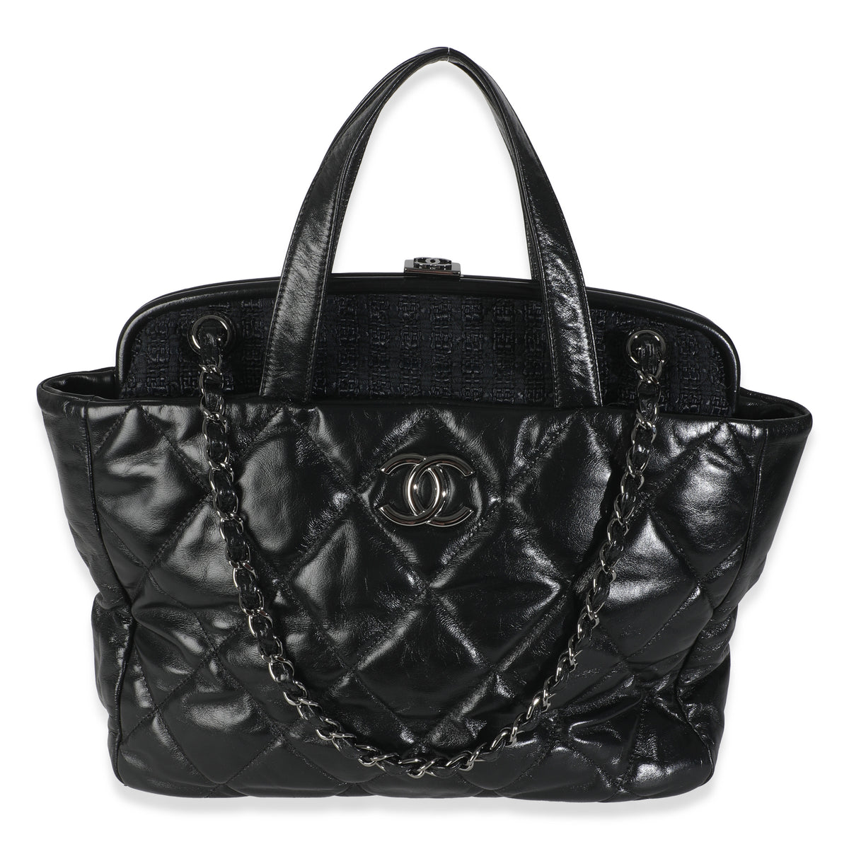 Black Tweed Quilted Calfskin Portobello Frame Tote