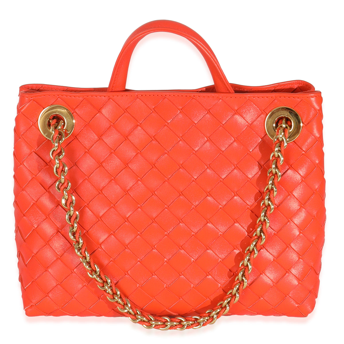Bottega Veneta Orange Nappa Intrecciato Small Andiamo With Chain Handbag bv